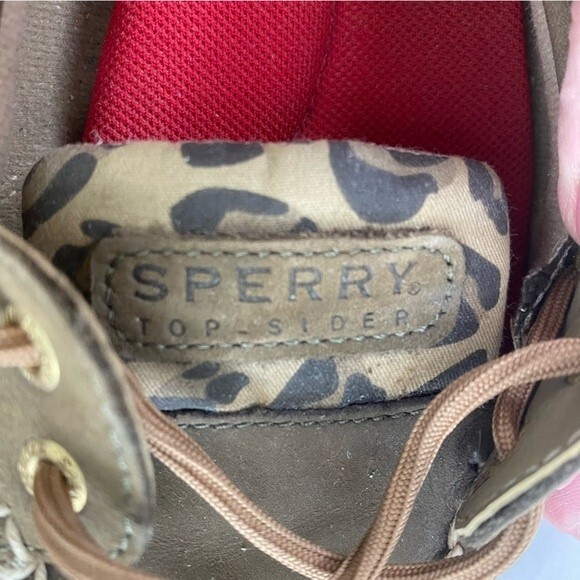 Sperry Top Sider Leather Tan Brown Boat Shoe with Animal Print Accent Size 8.5M - Picture 12 of 14